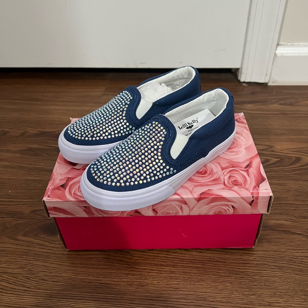 NIB Lelli Kelly Blue Rhinestone Stella Slip On Sneakers Size 28 EU / 10 US